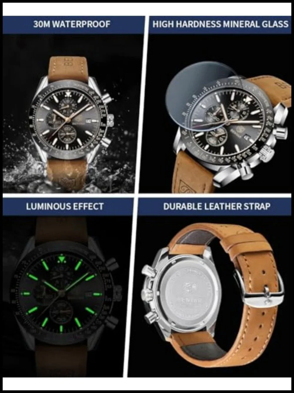 Men's Analog Quartz Chronograph Watch 30M Waterproof Luminous Silicone Strap